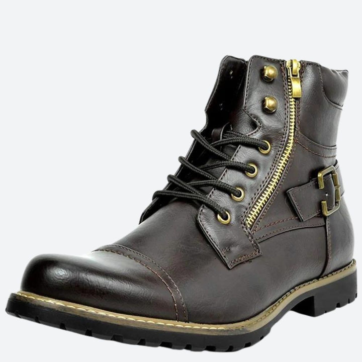 Dunkelbrauner Motorradstiefel aus Echtleder mit Schnürsenkeln und Zierschnalle