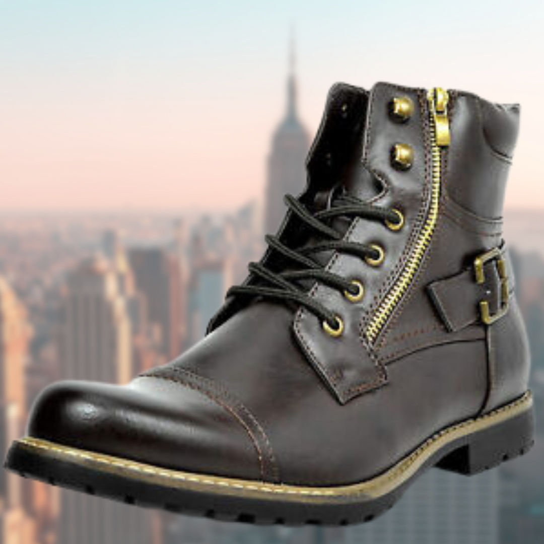 Dunkelbraune Herren Motorradstiefel aus Leder mit goldenem Reißverschluss und Schnalle