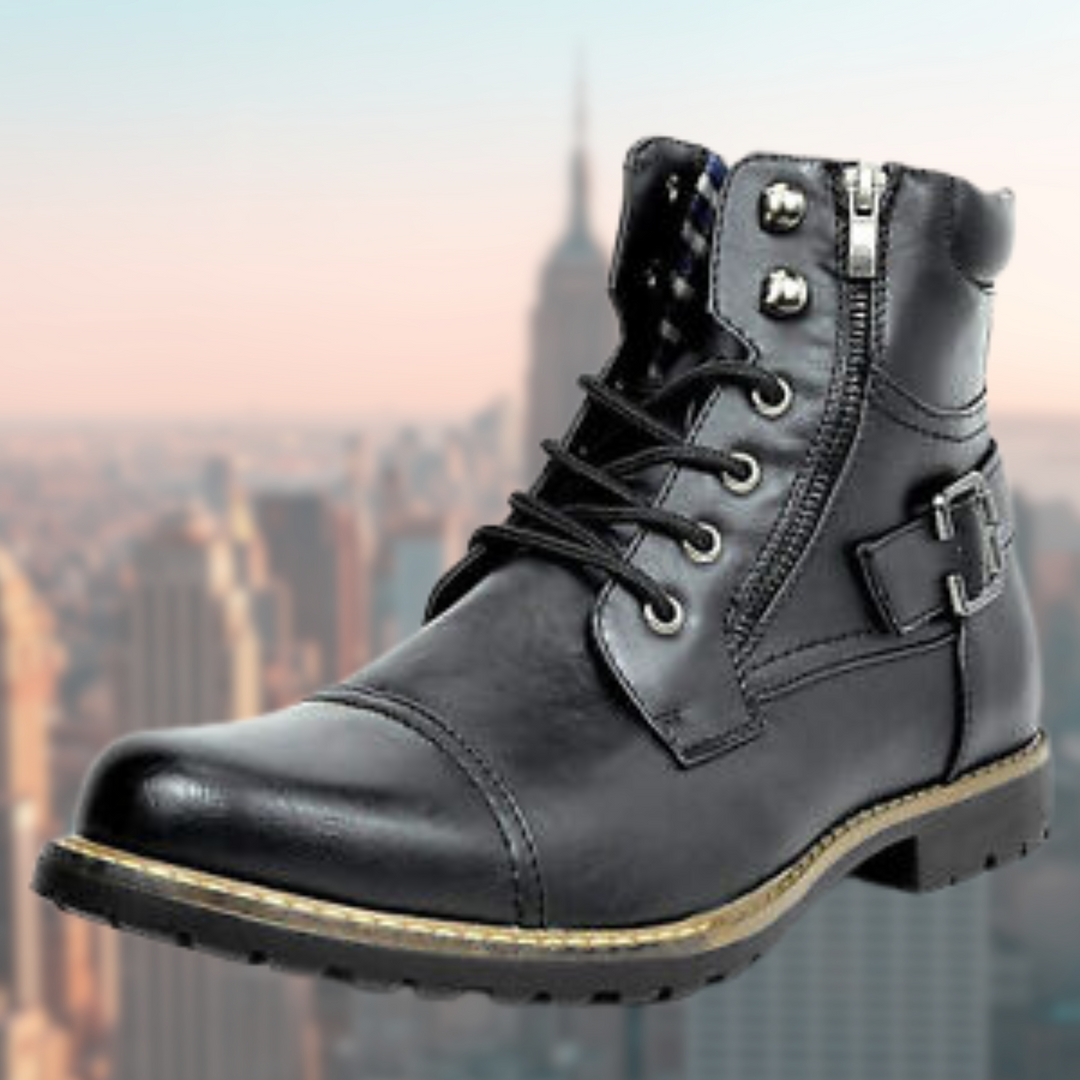 Schwarze Herren Lederstiefel mit Schnürung, Reißverschluss und Riemenschnalle