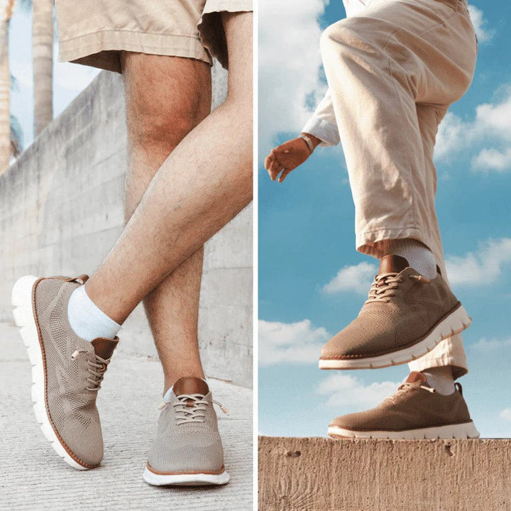 Beige Herrenschuhe im Alltag getragen, einmal gehend und einmal springend