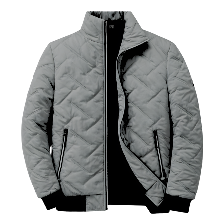 Hellgraue Steppjacke mit offenem Reißverschluss und schwarzem Innenfutter