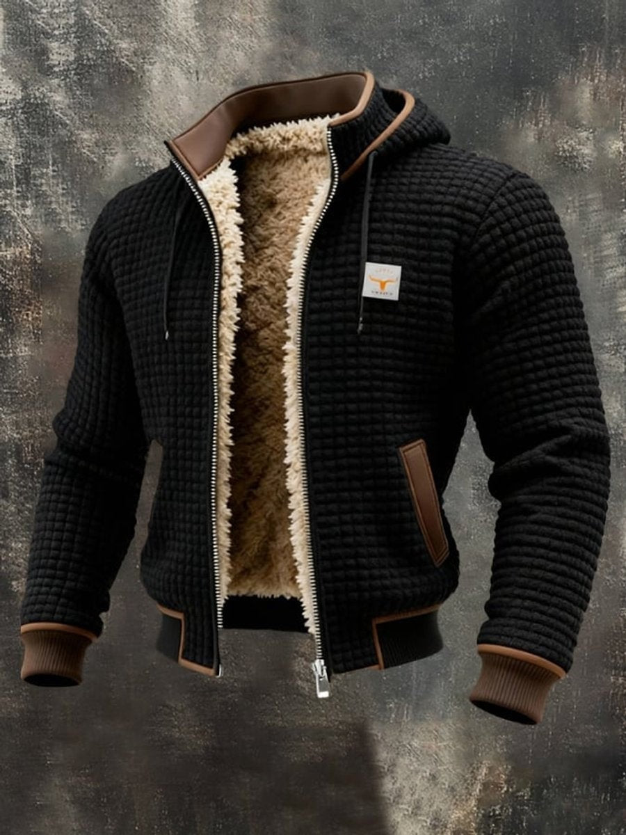 Schwarze Steppjacke mit Kapuze, offenem Reißverschluss und Kunstfellfutter