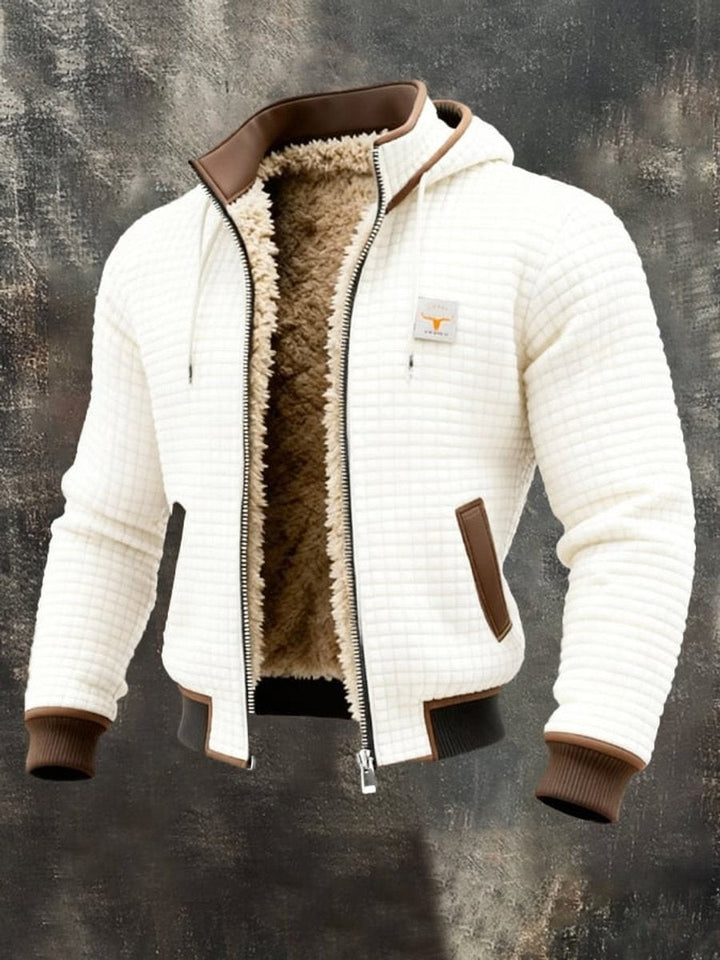 Cremeweiße Steppjacke mit Kapuze, Teddyfutter und braunen Lederakzenten