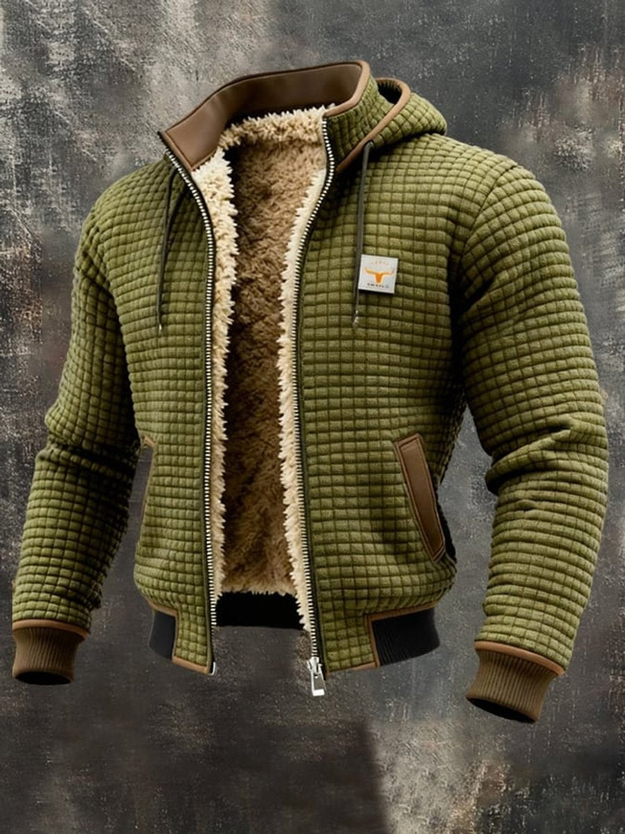 Olivgrüne Herrenjacke mit Kapuze, Fleecefutter und Lederdetails