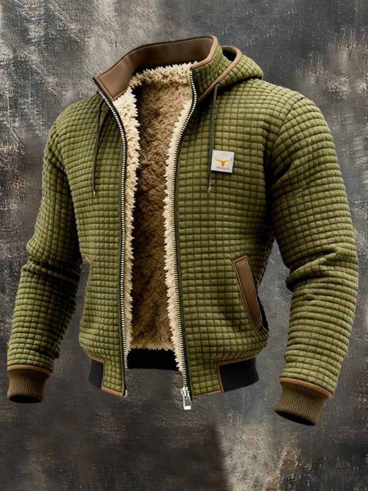 Olivgrüne Herrenjacke mit Kapuze, Fleecefutter und Lederdetails