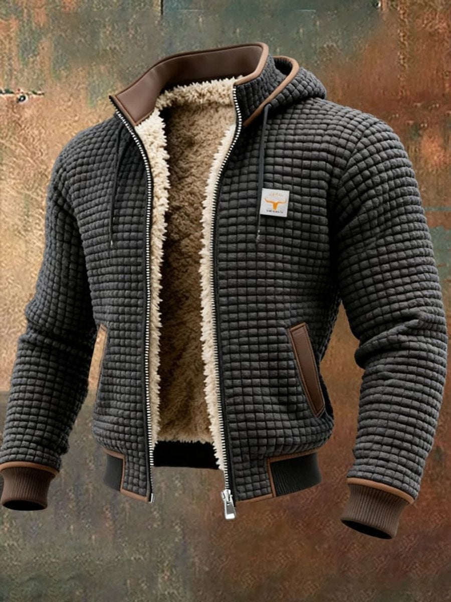 Anthrazitfarbene Steppjacke mit Kapuze, Reißverschluss und Lederbesätzen