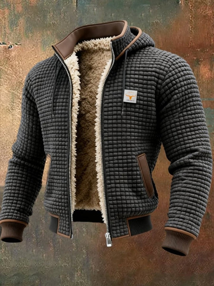 Anthrazitfarbene Steppjacke mit Kapuze, Reißverschluss und Lederbesätzen