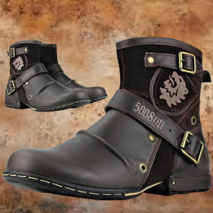 Dunkelbraune Vintage-Stiefel mit Nieten und verstellbarem Riemen