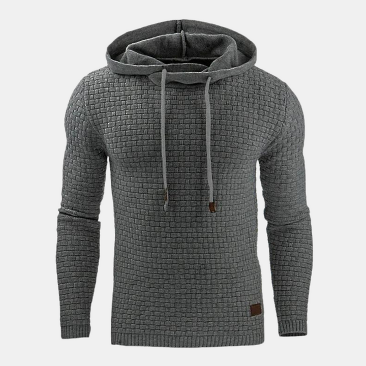 Grauer Herren Kapuzenpullover mit Flechtmuster und Kordelzug am Ausschnitt