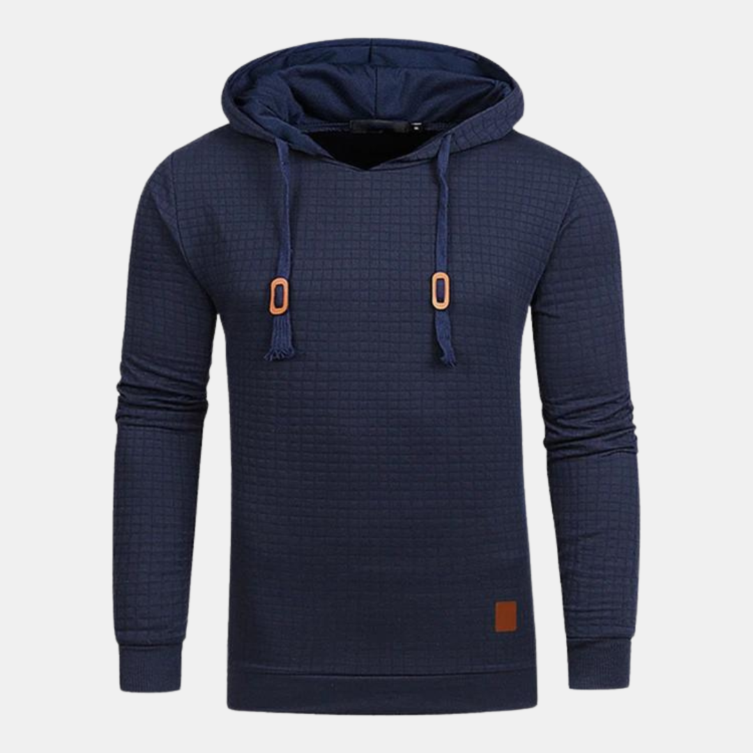 Dunkelblauer Kapuzenpullover mit Karomuster und Lederpatch am Saum