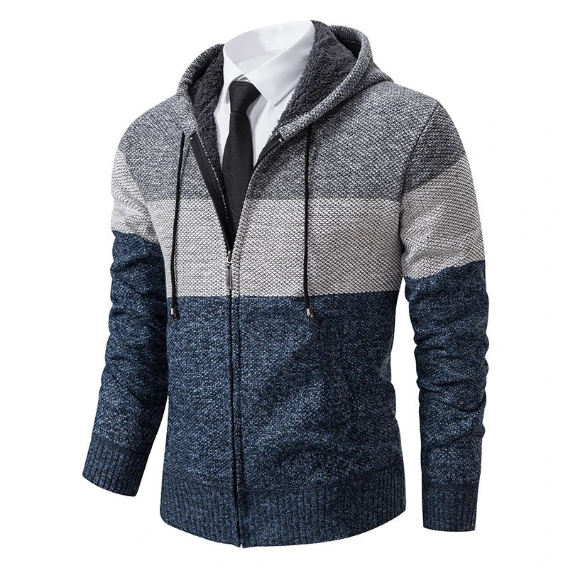 Herren-Strickjacke mit Kapuze in Blau-Grau-Colorblock-Design und Reißverschluss