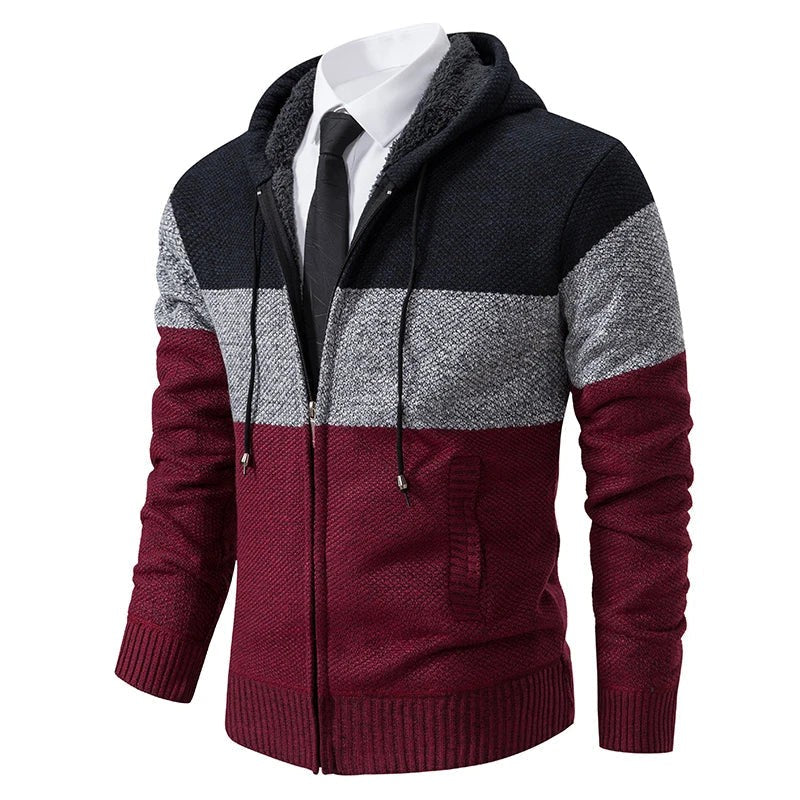 Strickjacke mit Kapuze in Bordeaux-Grau-Schwarz mit Fellfutter und Reißverschluss