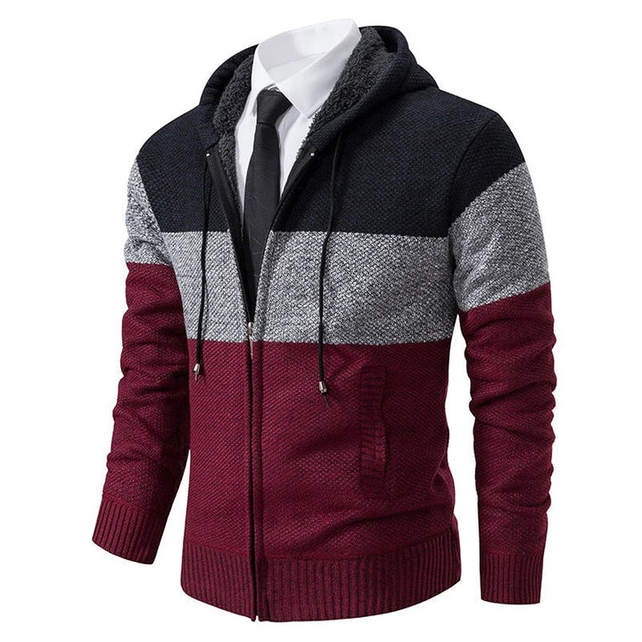 Strickjacke mit Kapuze in Bordeaux-Grau-Schwarz mit Fellfutter und Reißverschluss