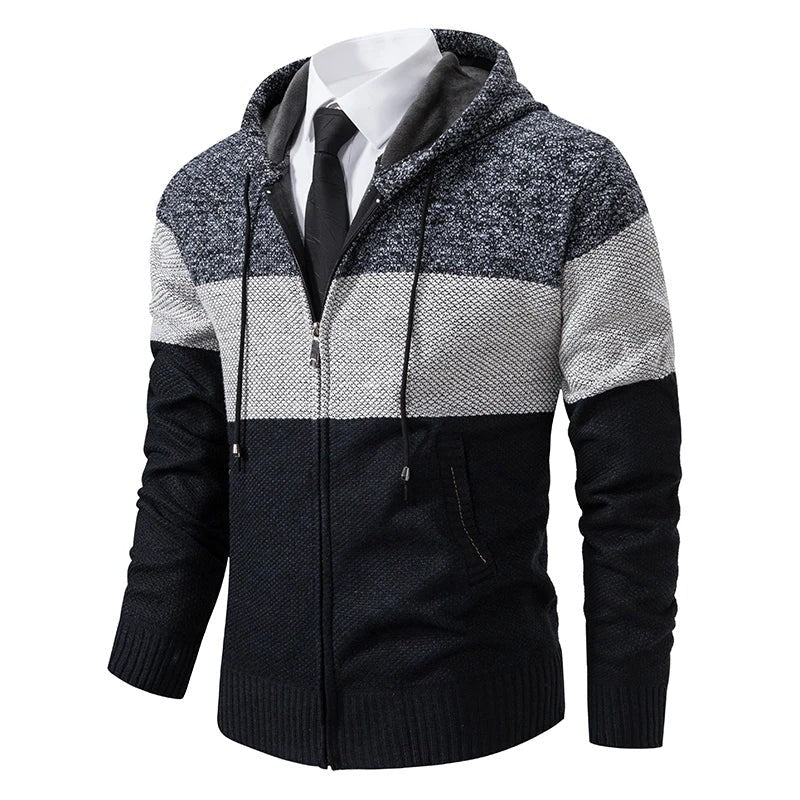 Kapuzenstrickjacke in Schwarz-Grau-Weiß mit Colorblock-Streifen und Zugband
