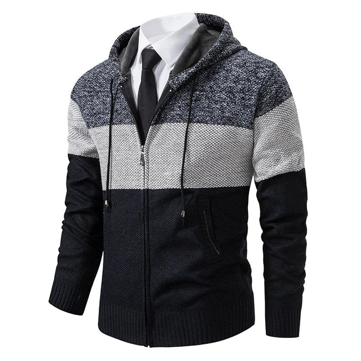 Kapuzenstrickjacke in Schwarz-Grau-Weiß mit Colorblock-Streifen und Zugband