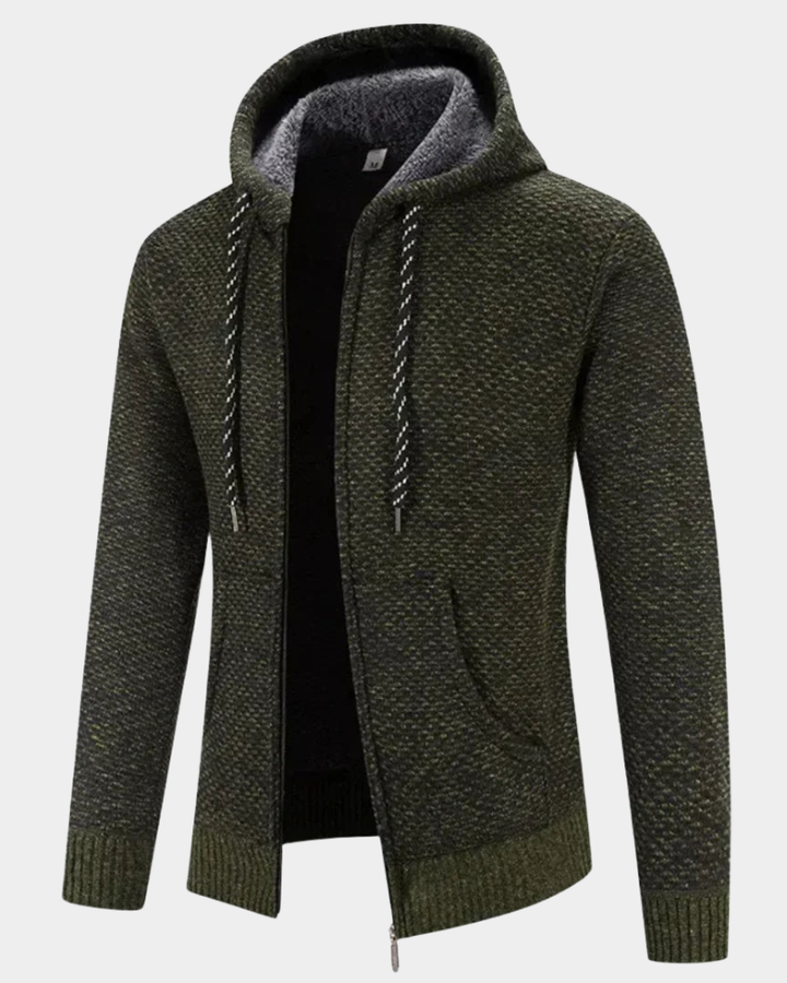 Strickjacke mit Kapuze in Khaki-Grün, gefüttert mit Fleece-Innenseite
