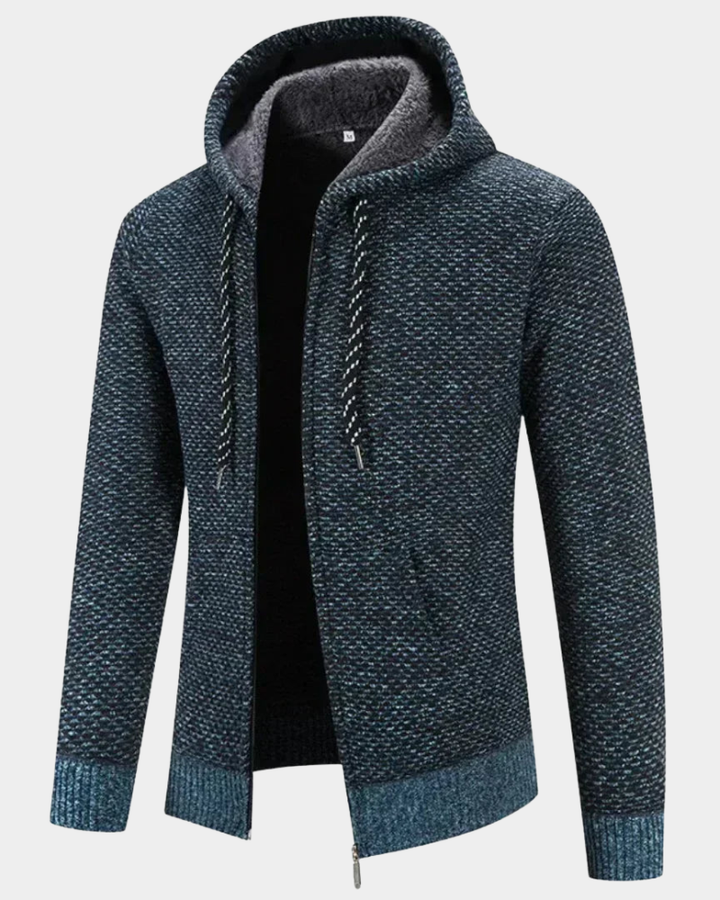 Herren-Strickjacke mit Kapuze in Petrolblau, meliertes Muster mit Reißverschluss