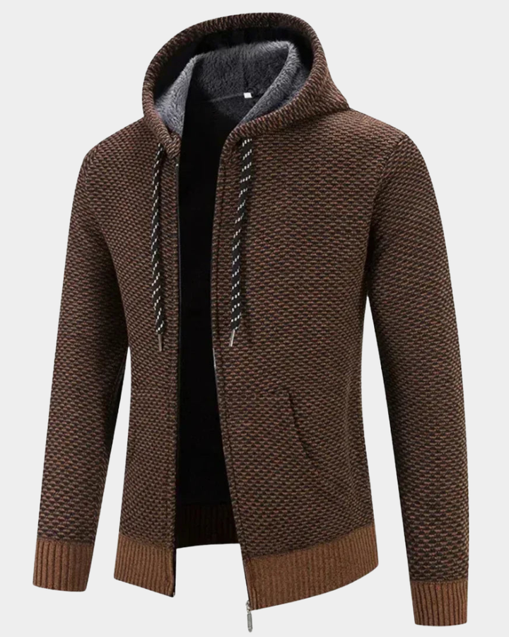 Braune Strickjacke mit Kapuze, meliertes Strickmuster und Kontrastbündchen
