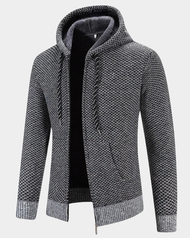 Graue Strickjacke mit Kapuze, meliertes Design und warmes Fleece-Futter