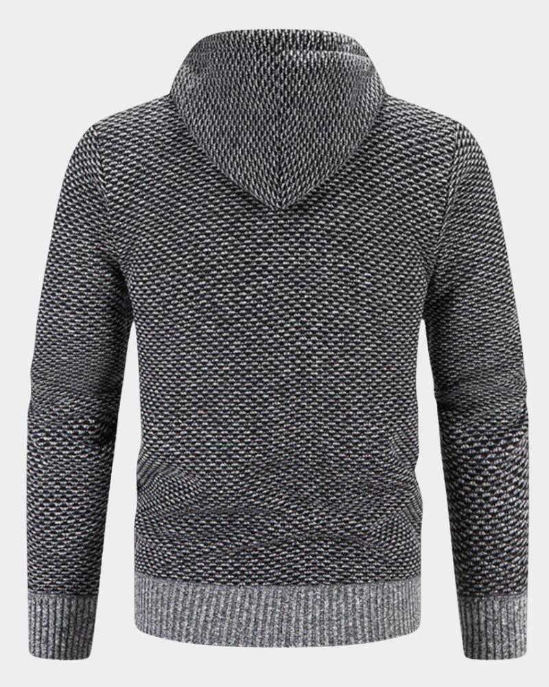 Rückenansicht der grauen Strickjacke mit Kapuze und strukturiertem Strickmuster