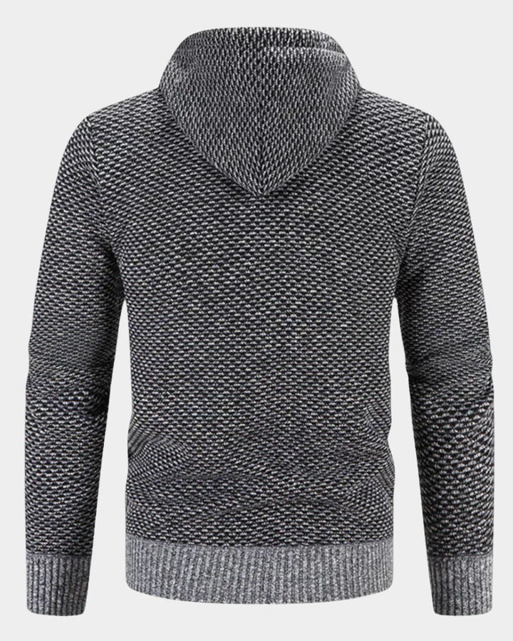 Rückenansicht der grauen Strickjacke mit Kapuze und strukturiertem Strickmuster