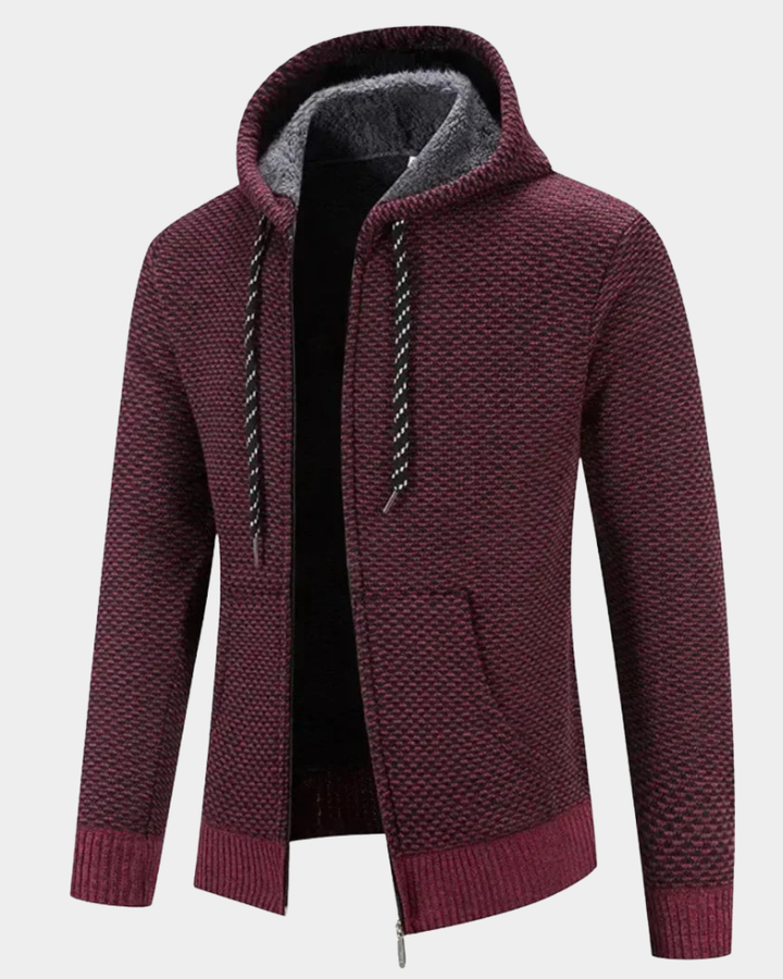 Weinrote Strickjacke mit Kapuze, meliertes Muster und Kordelzug am Kragen