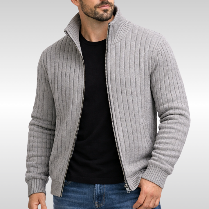 Graue Strickjacke mit Stehkragen und Reißverschluss, gerippte Struktur
