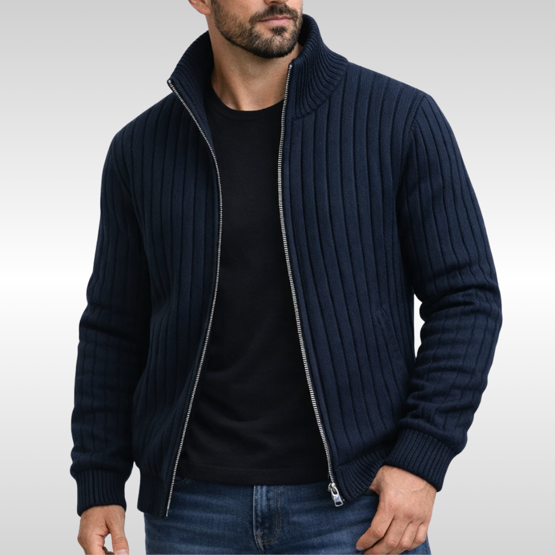 Marineblaue Strickjacke mit durchgehendem Reißverschluss und Stehkragen