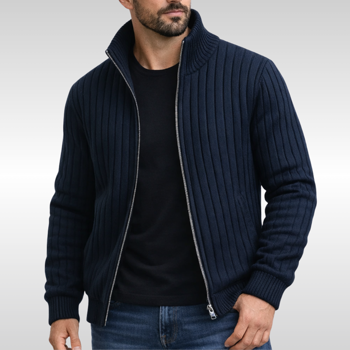 Marineblaue Strickjacke mit durchgehendem Reißverschluss und Stehkragen