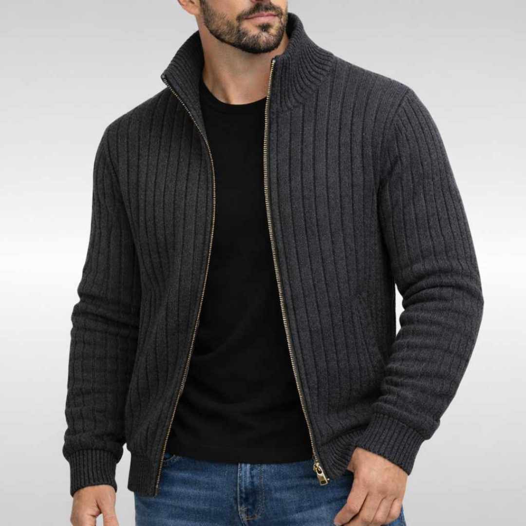 Anthrazitfarbene Strickjacke mit Reißverschluss und geripptem Strickmuster