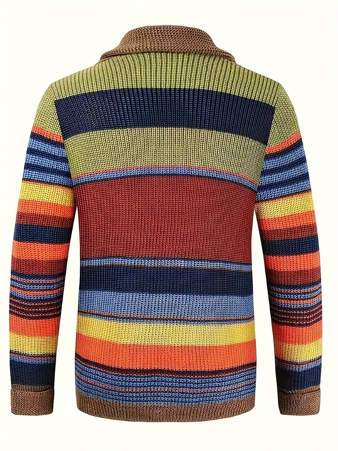 Gestrickte Herren-Strickjacke mit buntem Streifenmuster und Schalkragen, Rückenansicht