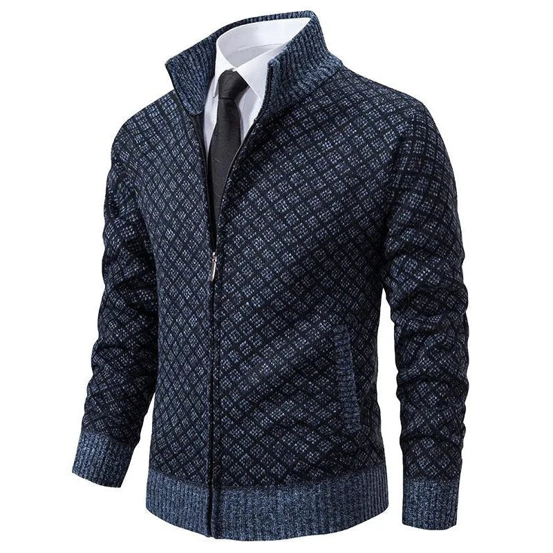 Dunkelblaue Strickjacke mit Karomuster und gerippten Bündchen für Herren