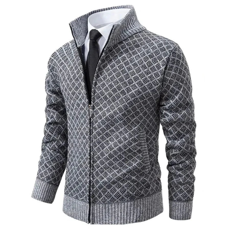 Graue Herren-Strickjacke mit Rautenmuster und Stehkragen im Business-Look