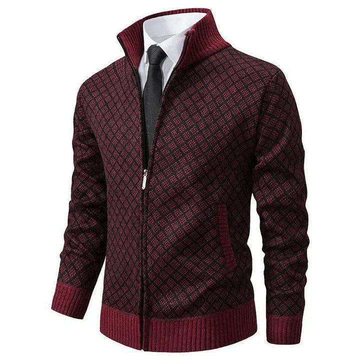 Bordeauxrote Strickjacke mit Rautenmuster und Reißverschluss für Herren