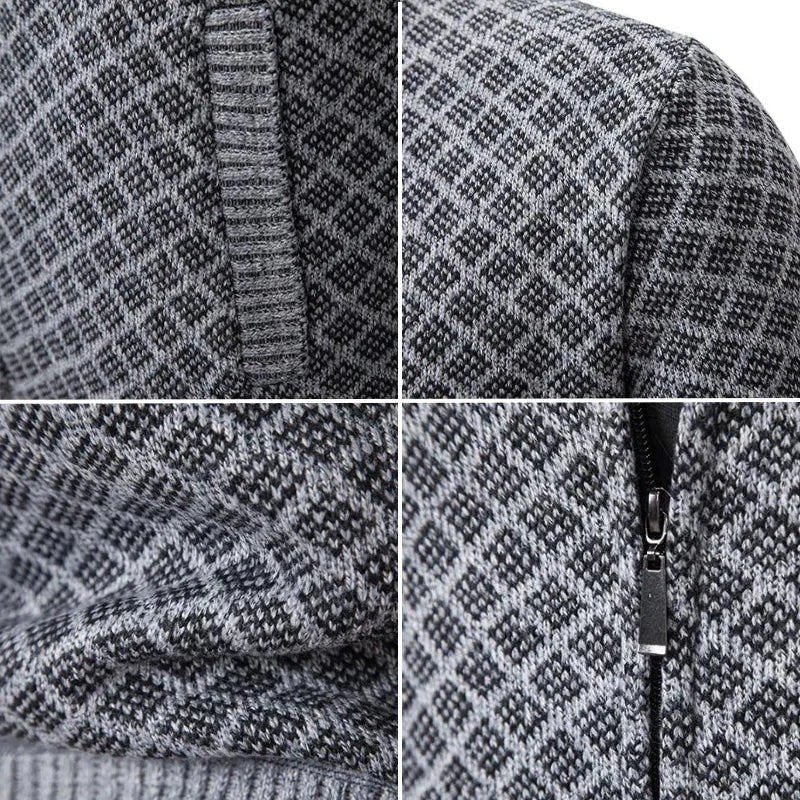 Detailansichten von Nahtverarbeitung, Strickmuster und Reißverschluss der Strickjacke