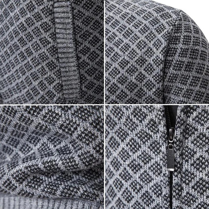 Detailansichten von Nahtverarbeitung, Strickmuster und Reißverschluss der Strickjacke