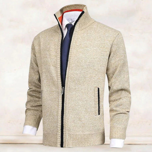 Strickjacke Herren mit Stehkragen in Beige meliert und Reißverschluss