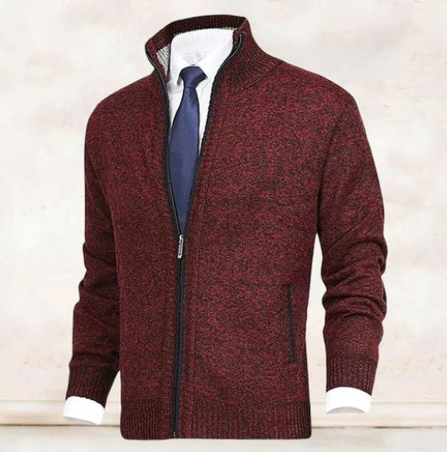 Herren-Strickjacke in Bordeauxrot meliert mit Stehkragen und Zip