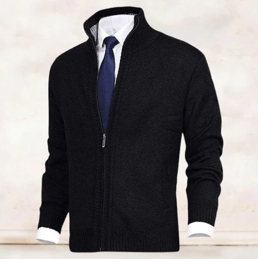 Schwarze Strickjacke für Herren mit Stehkragen und Kontrastmanschetten