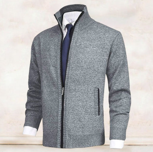 Graue Strickjacke Herren mit Stehkragen und aufgesetzten Taschen