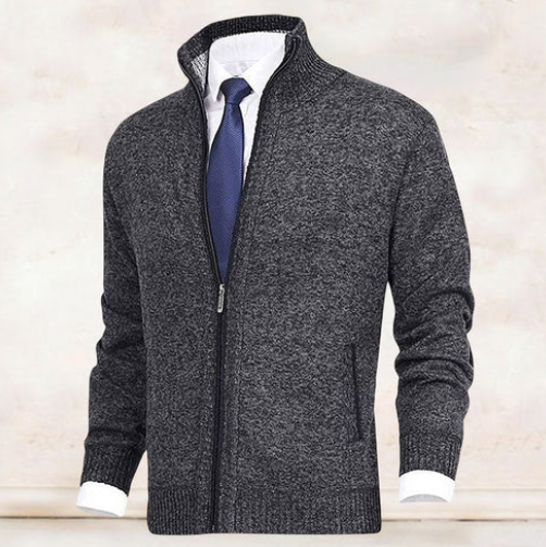 Anthrazitfarbene Herren-Strickjacke mit Stehkragen und Reißverschluss