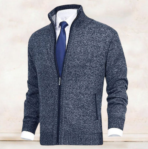 Blaugraue Strickjacke für Herren mit Stehkragen und Zip-Verschluss