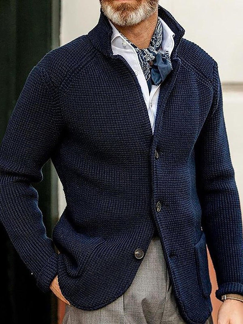 Dunkelblauer Cardigan mit Stehkragen und Waffelmuster für den eleganten Look