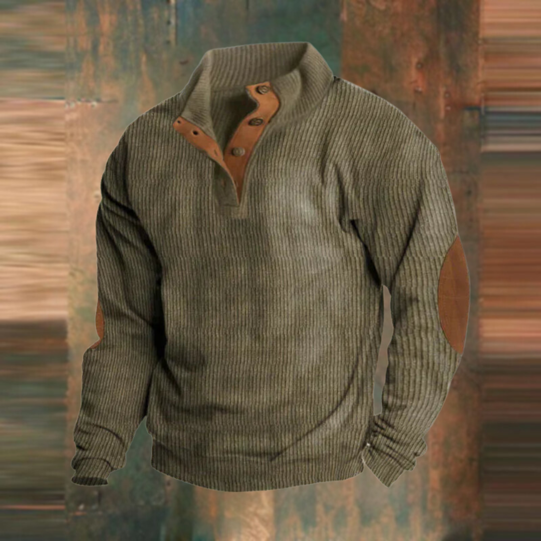 Olivgrüner gerippter Herrenpullover mit Stehkragen und Ellenbogen-Patches aus Wildleder