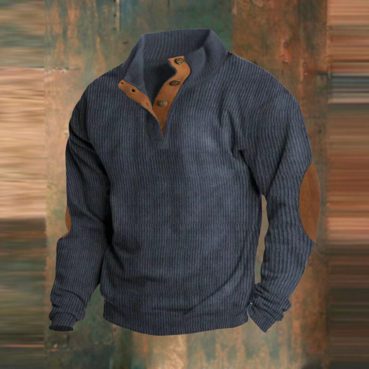Blauer Strickpullover Herren mit Knopfleiste am Kragen und braunen Lederdetails