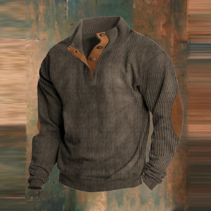 Anthrazitfarbener Troyer Pullover mit Cordstruktur und Ellenbogenpatches