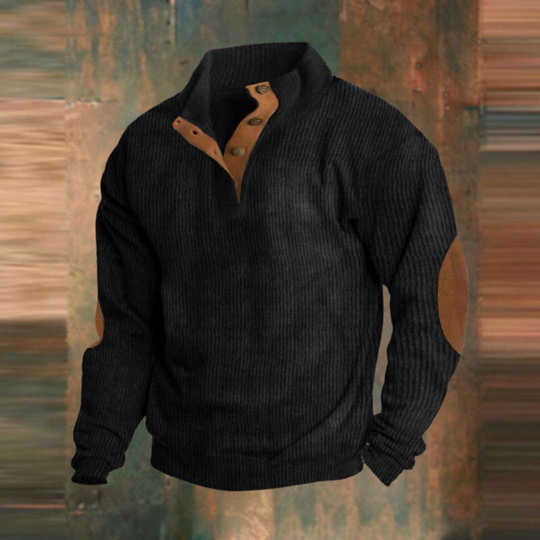 Schwarzer Ripp-Pullover für Herren mit Knopfverschluss und Ellenbogen-Patches
