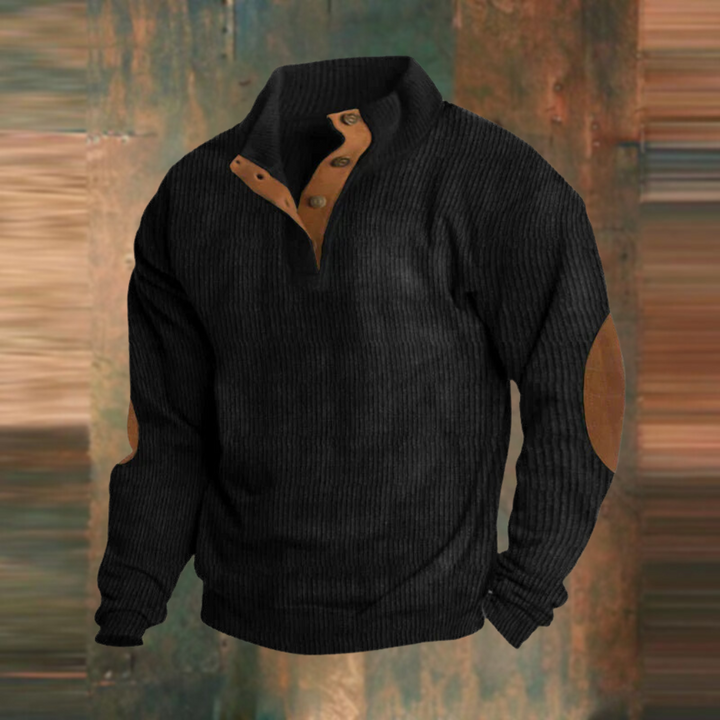 Schwarzer Ripp-Pullover für Herren mit Knopfverschluss und Ellenbogen-Patches