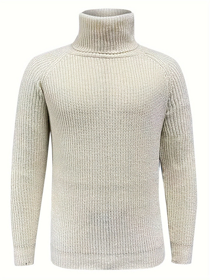 Beige-melierter Rollkragenpullover aus grober Strickware, Frontansicht freigestellt