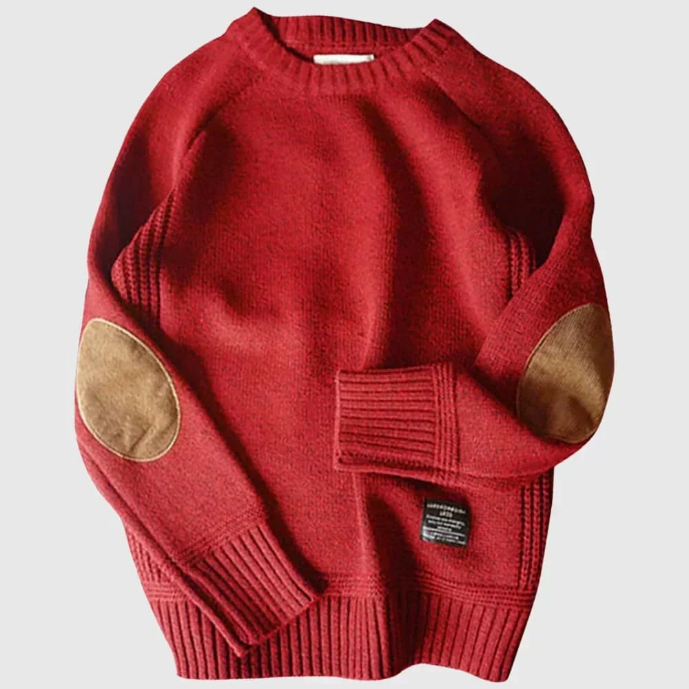 Roter Strickpullover mit Ellbogenpatches aus Wildlederimitat und Rundhalsausschnitt